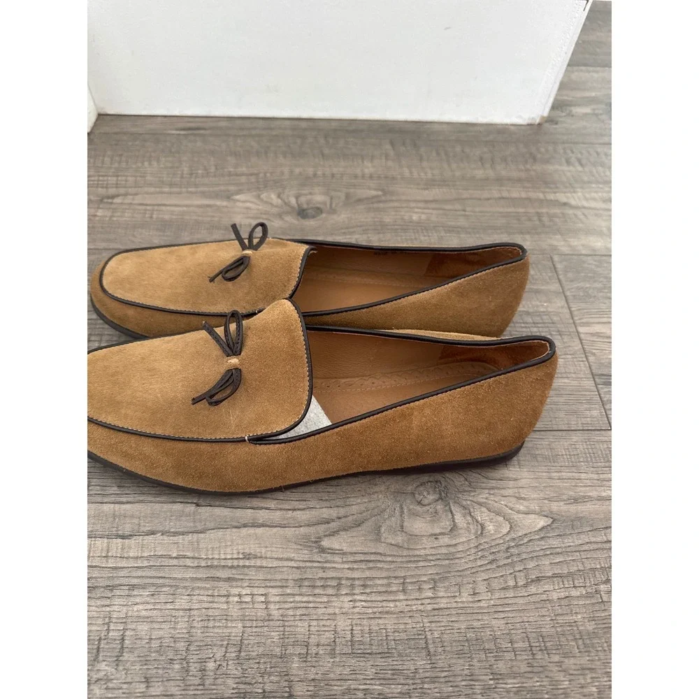 Lands End Womens Tan Suede Bow Loafers Moc Toe Flats 10B 9639S Made in Brazil